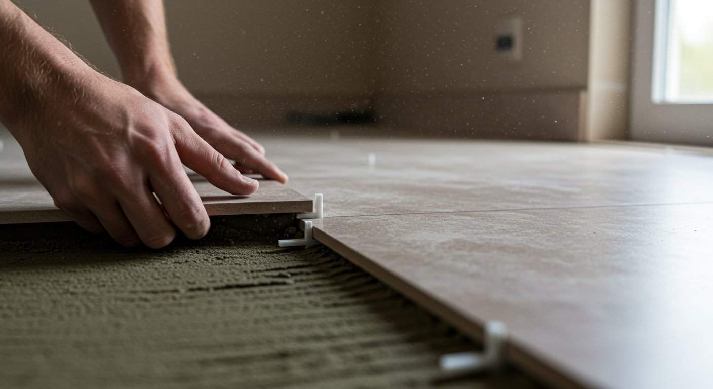 Dłoń układa prostokątną płytkę ceramiczną w równym odstępie od pozostałych elementów przy użyciu krzyżyków dystansowych.