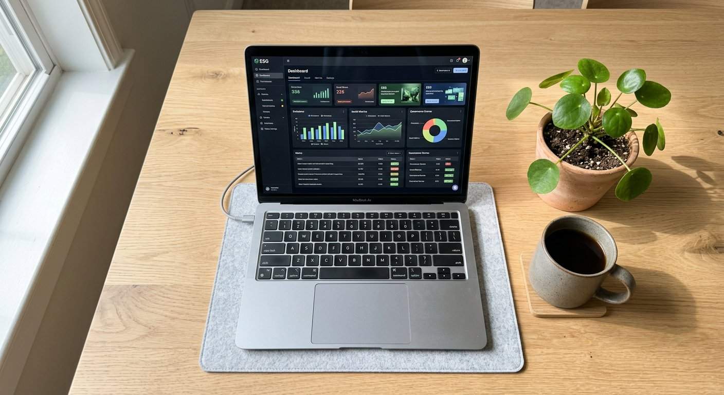 Laptop z otwartym oprogramowaniem do raportowania danych środowiskowych spoczywa na drewnianym biurku obok filiżanki kawy i doniczki z rośliną.