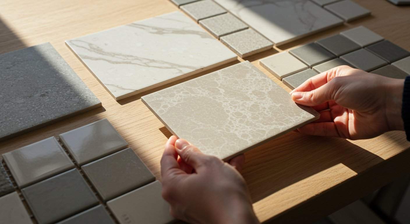 Projektant wnętrz układa próbki beżowych płytek ceramicznych o różnym stopniu połysku na drewnianym stole montażowym.